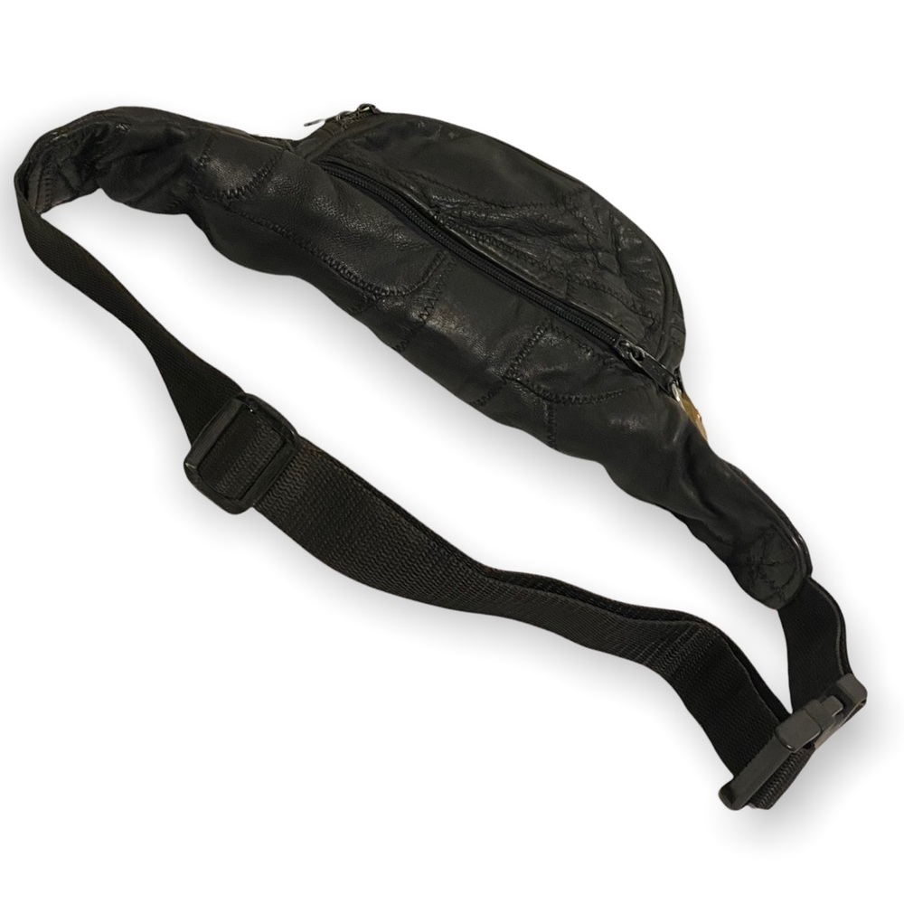 Black Vintage Patchwork Stitch Leather Fanny Pack / Bum Bag - Picture 6 of 8